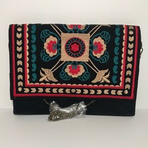 New Unique Embroidered Black Suede Clutch with Chain Strap